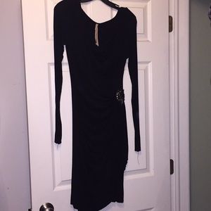 Black long sleeve gathered side fitted dress